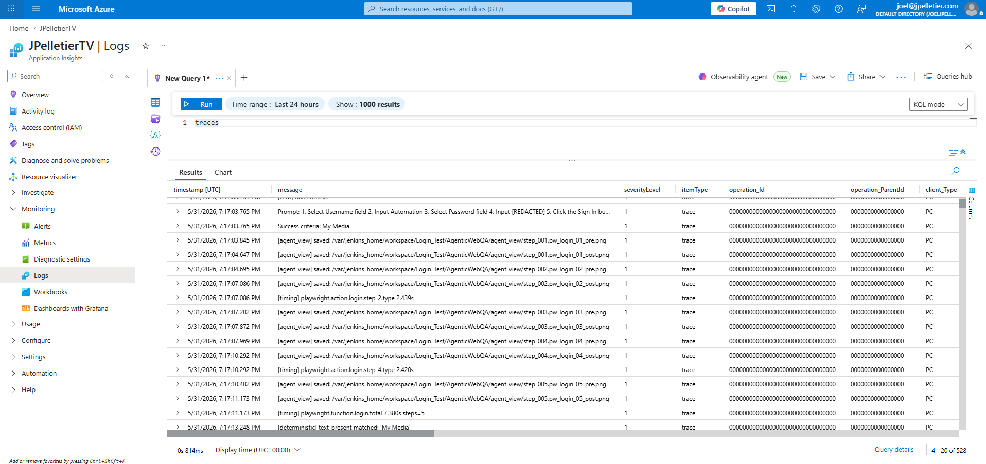 Azure Application Insights logs showing rip progress milestones and pipeline events from the MediaManagement scripts