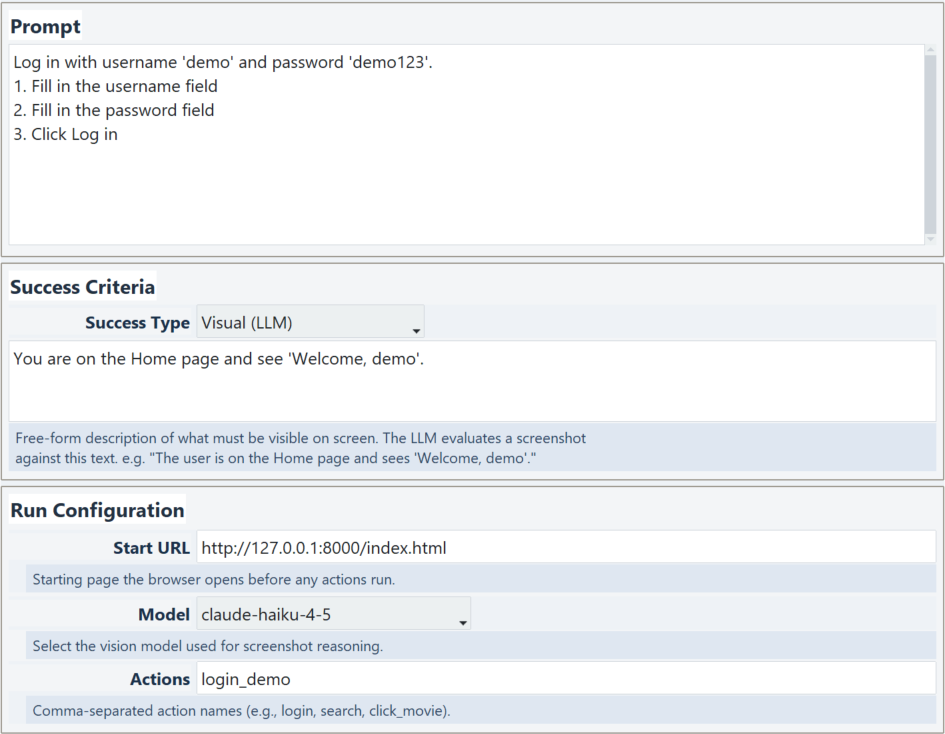 Example of a simple login test featureing username and password string function prompt injection