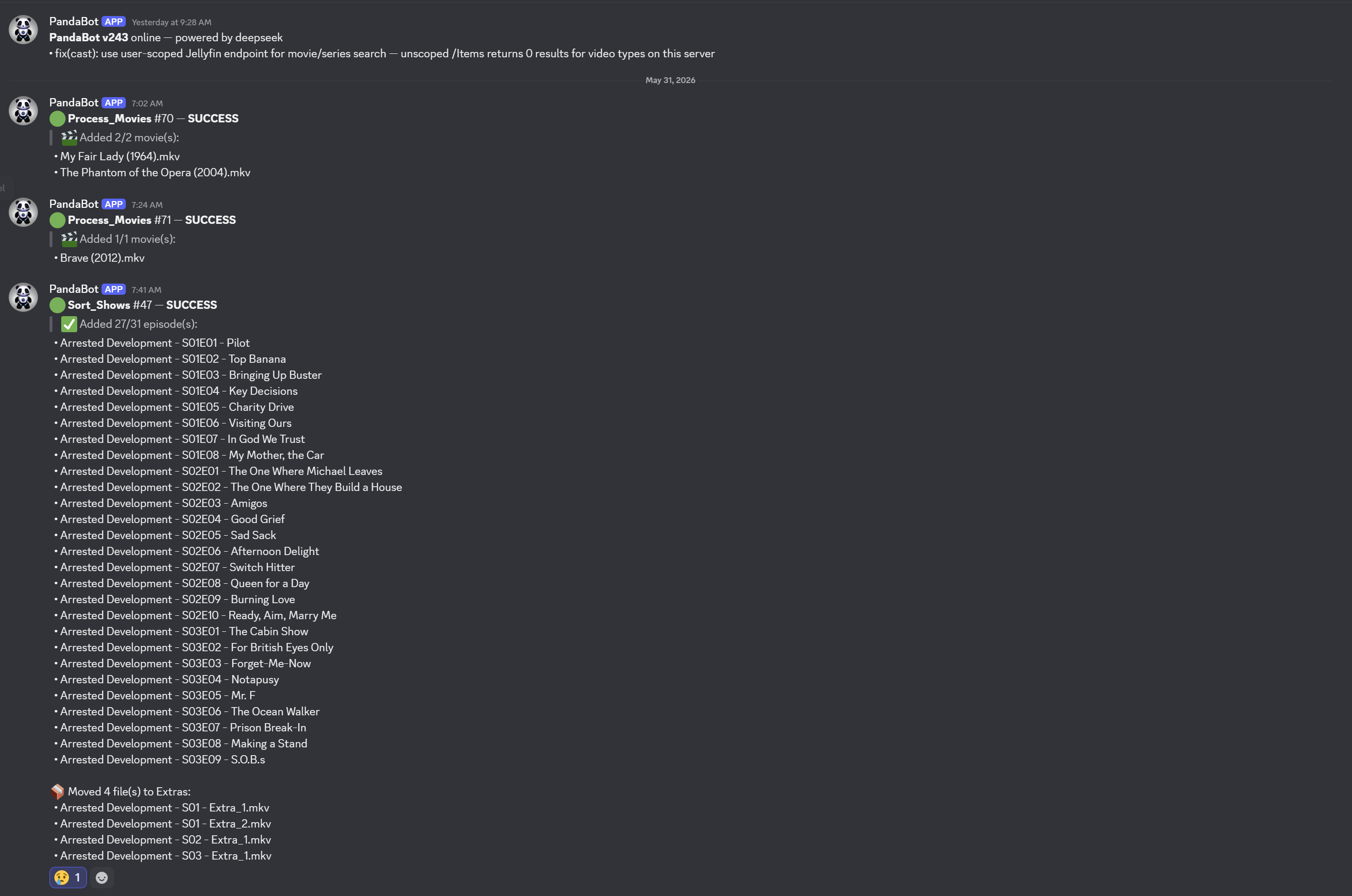 Discord channel showing notifications from the MediaManagement pipeline as discs finish ripping and shows finish sorting