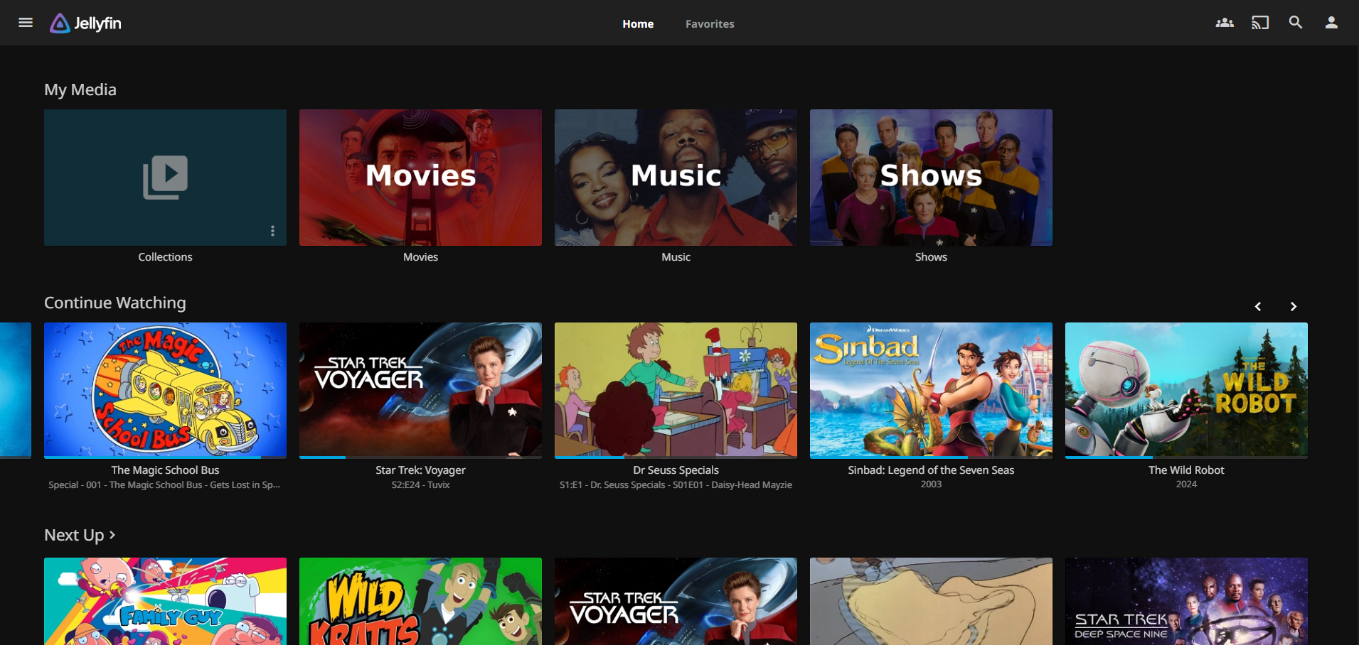 Jellyfin home page showing the library populated with correctly titled and tagged movies and TV shows