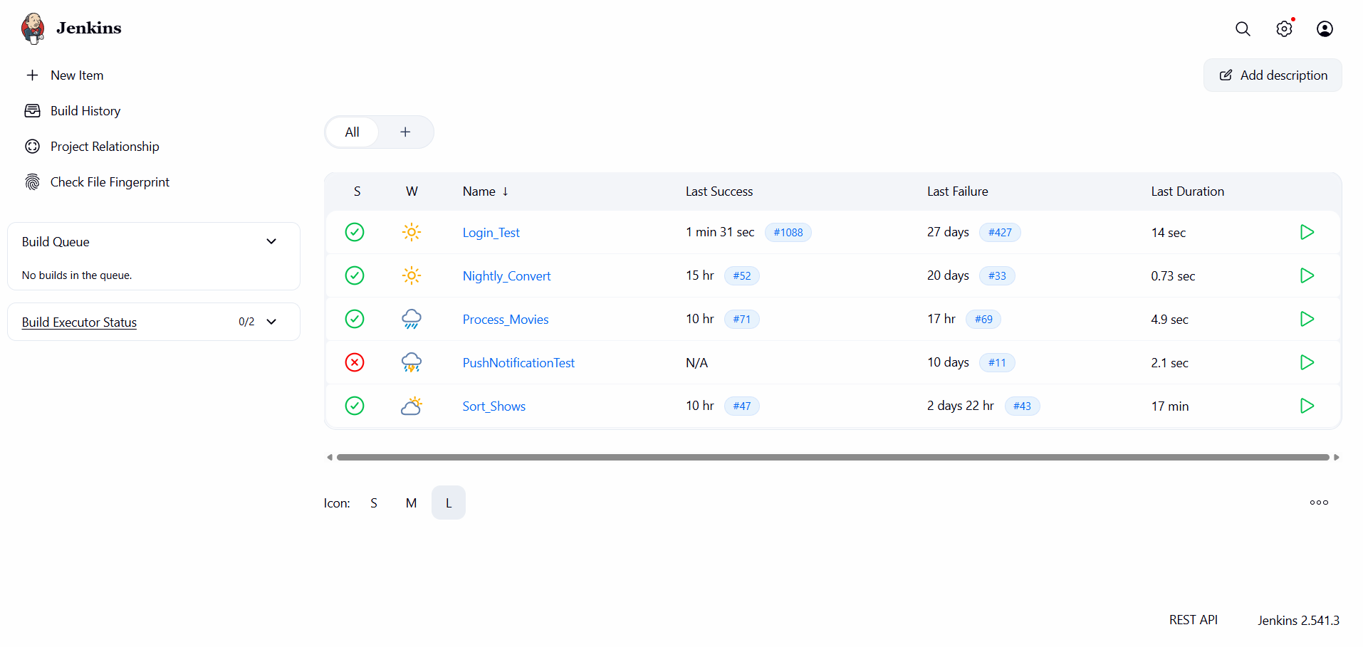Jenkins dashboard showing the MediaManagement jobs for sorting movies, sorting TV, converting video, extracting subtitles, and syncing subtitles