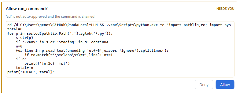 An approval card asking to allow a chained run_command, with Deny and Allow buttons