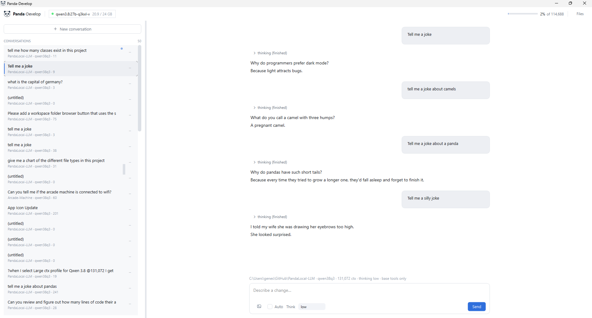 The Panda-Develop desktop client: conversation list on the left, transcript on the right, model and VRAM in the header
