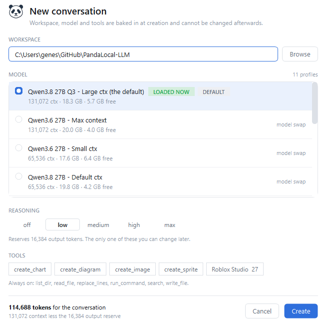 The New conversation dialog: workspace, a list of profiles, a reasoning row, and tool chips