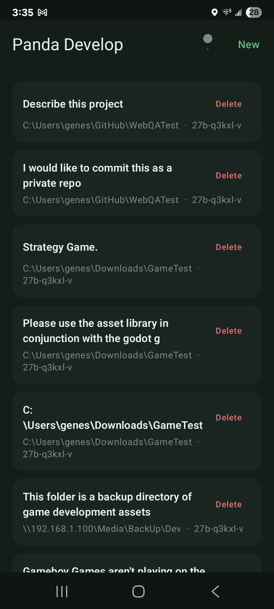 The Panda-Develop mobile app showing a list of existing conversation threads, each labelled with its workspace path and profile
